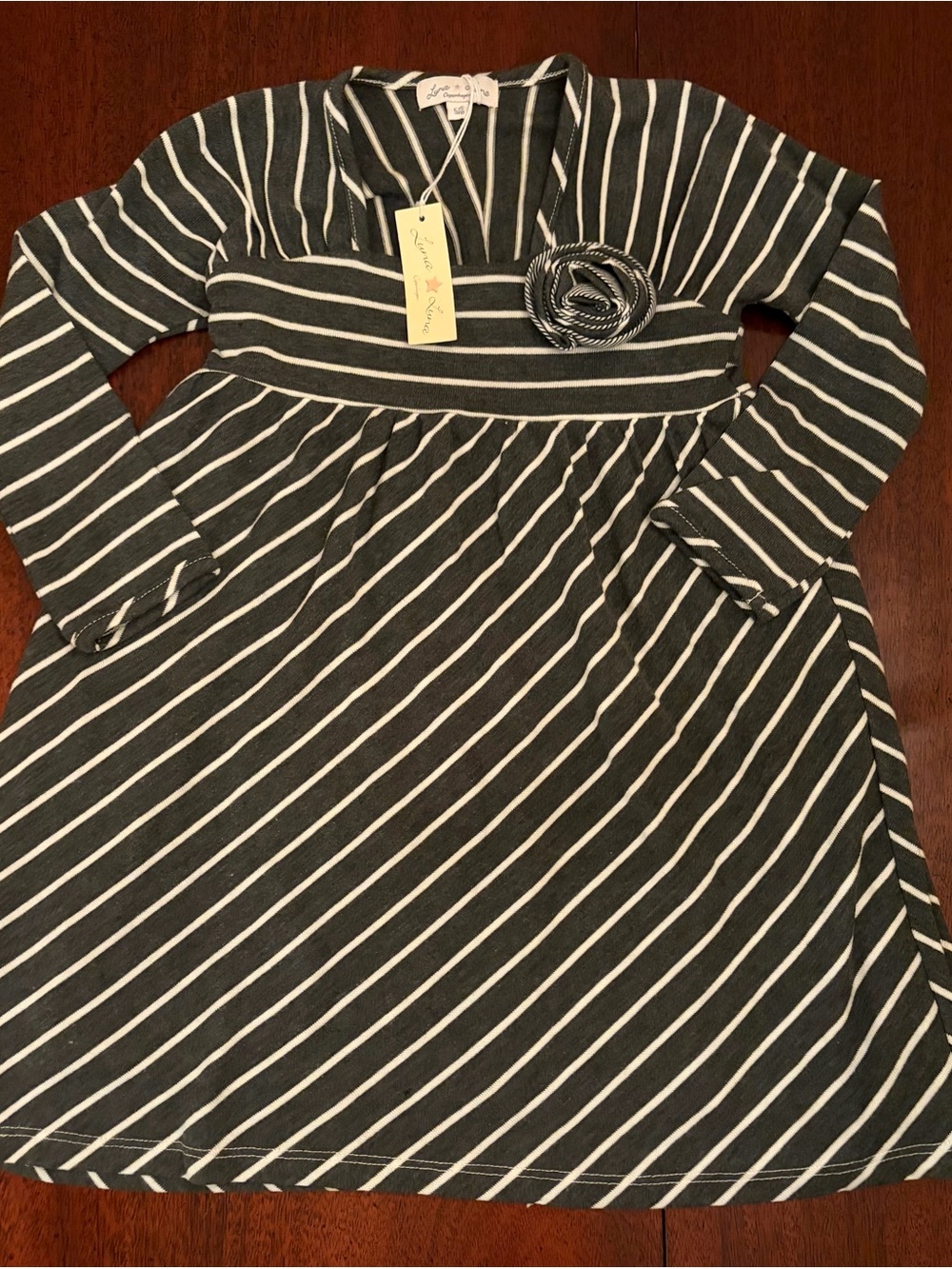Girls' Striped Long-Sleeve Empire Dress with Rosette - Gray/White